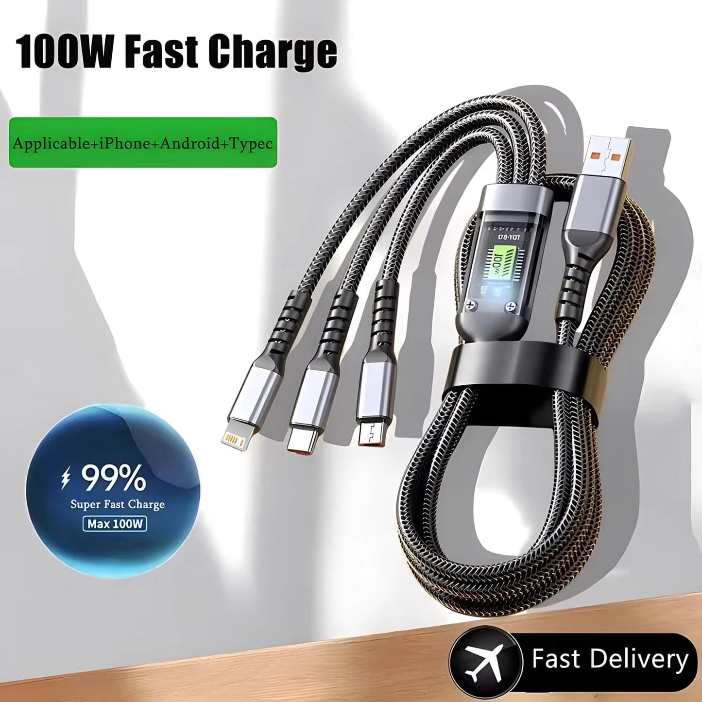 🔥⚡Transparent Luminous 3-in-1 Super Fast Charging Cable